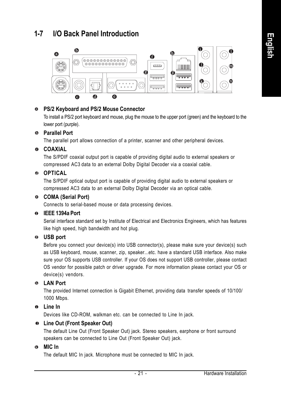 English, 7 i/o back panel introduction | GIGABYTE AMD Socket AM2 Processor Motherboard GA-M55SLI-S4 User Manual | Page 21 / 96