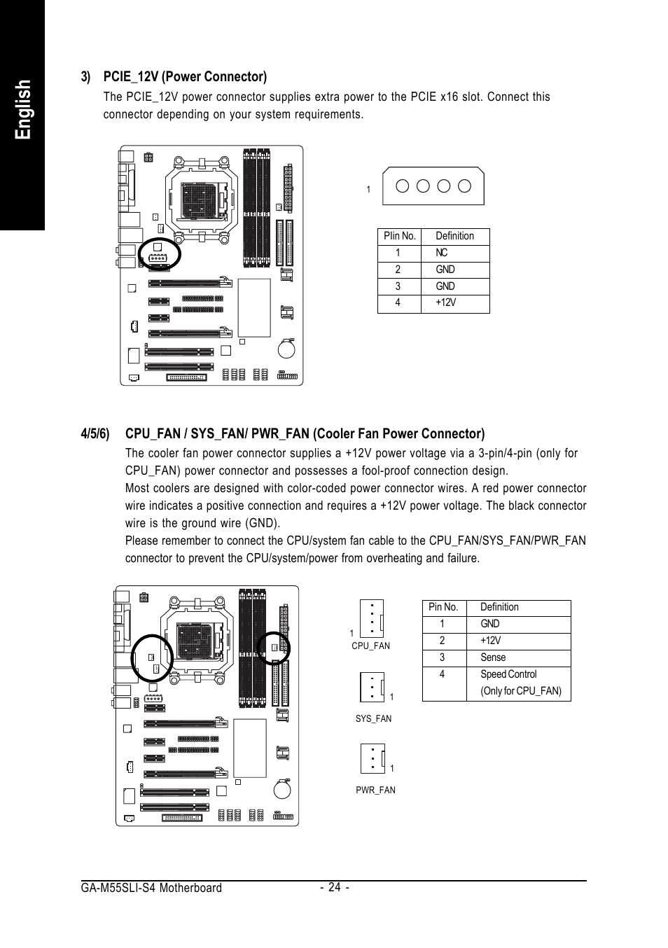 English, 3) pcie_12v (power connector) | GIGABYTE AMD Socket AM2 Processor Motherboard GA-M55SLI-S4 User Manual | Page 24 / 96