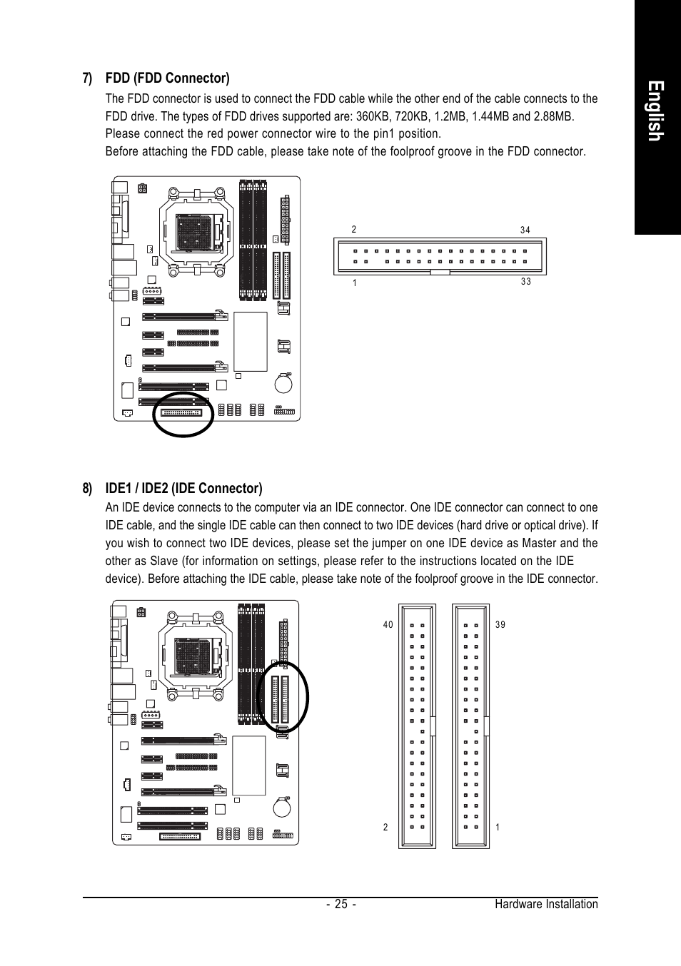 English, 7) fdd (fdd connector), 8) ide1 / ide2 (ide connector) | GIGABYTE AMD Socket AM2 Processor Motherboard GA-M55SLI-S4 User Manual | Page 25 / 96