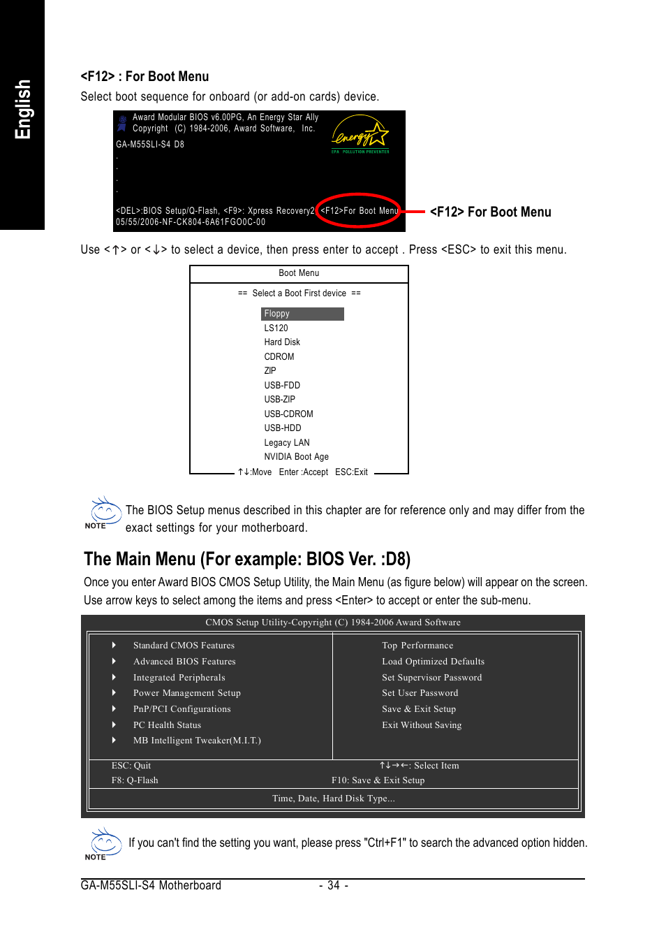 English, The main menu (for example: bios ver. :d8), F12> : for boot menu | F12> for boot menu | GIGABYTE AMD Socket AM2 Processor Motherboard GA-M55SLI-S4 User Manual | Page 34 / 96