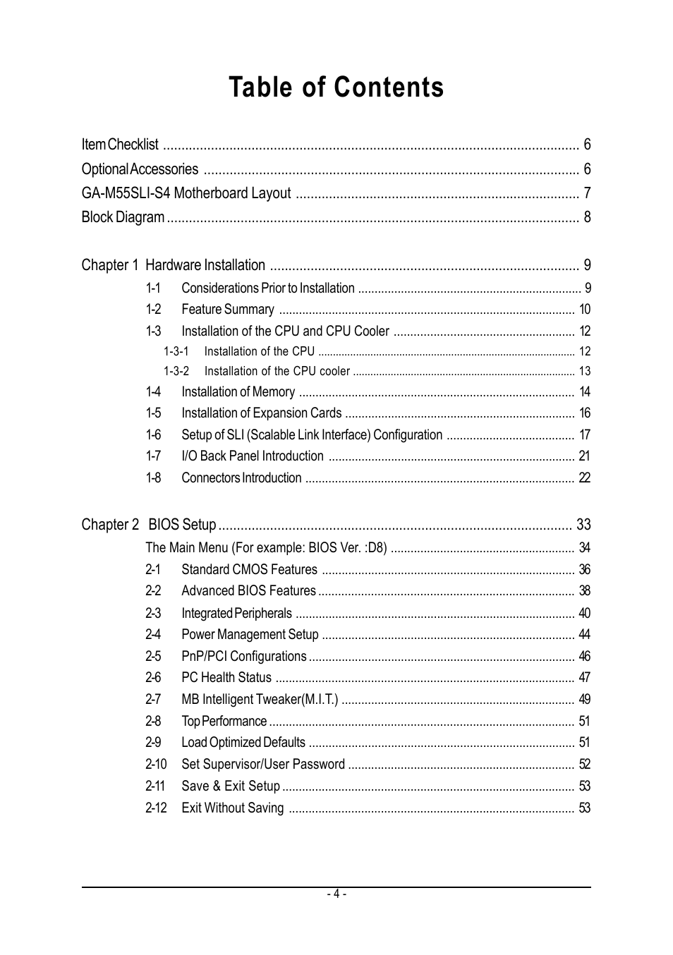 GIGABYTE AMD Socket AM2 Processor Motherboard GA-M55SLI-S4 User Manual | Page 4 / 96