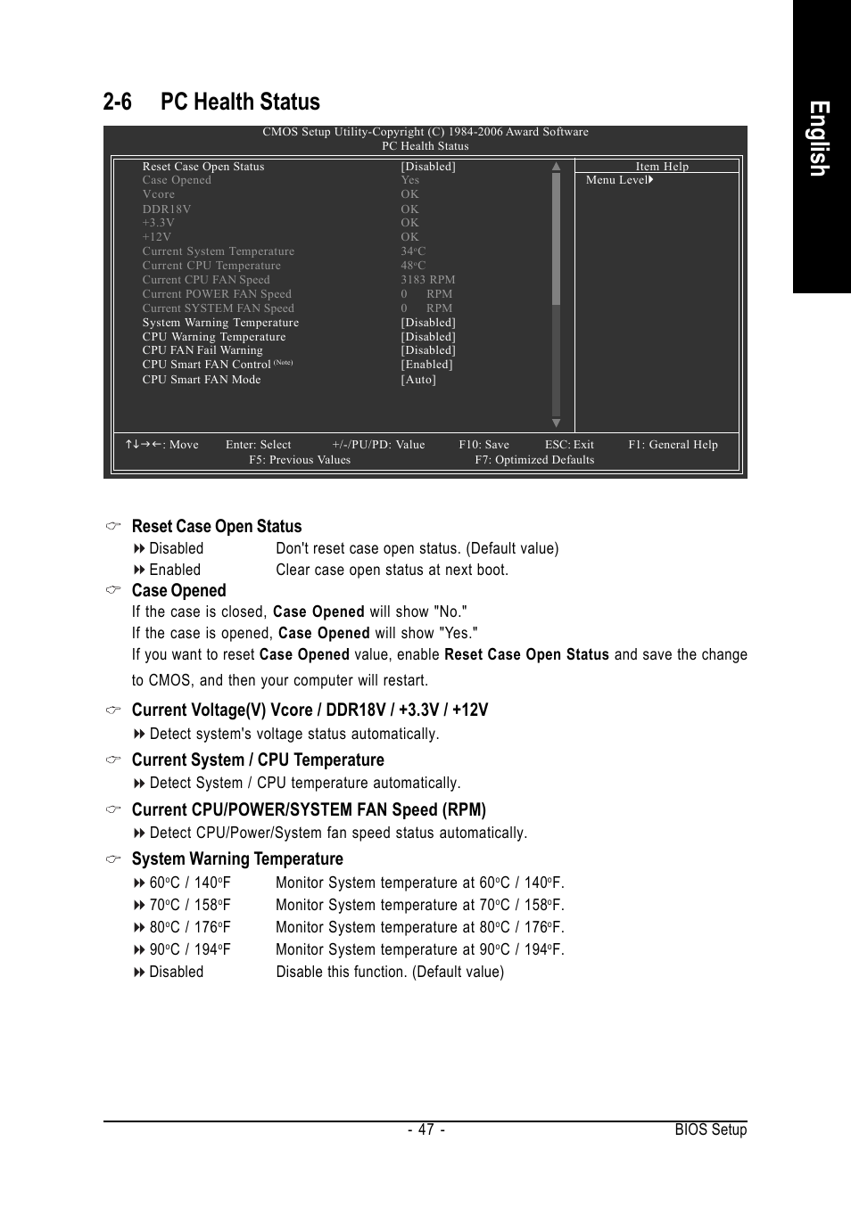 English, 6 pc health status, Reset case open status | Case opened, Current system / cpu temperature, Current cpu/power/system fan speed (rpm), System warning temperature | GIGABYTE AMD Socket AM2 Processor Motherboard GA-M55SLI-S4 User Manual | Page 47 / 96