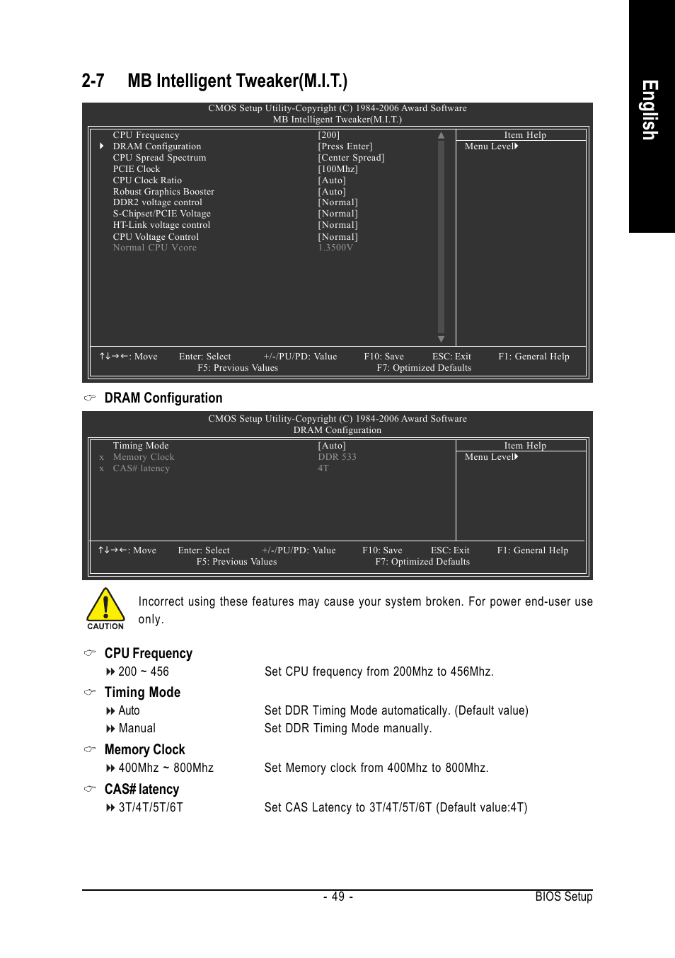 English, 7 mb intelligent tweaker(m.i.t.), Dram configuration cpu frequency | Timing mode, Cas# latency | GIGABYTE AMD Socket AM2 Processor Motherboard GA-M55SLI-S4 User Manual | Page 49 / 96