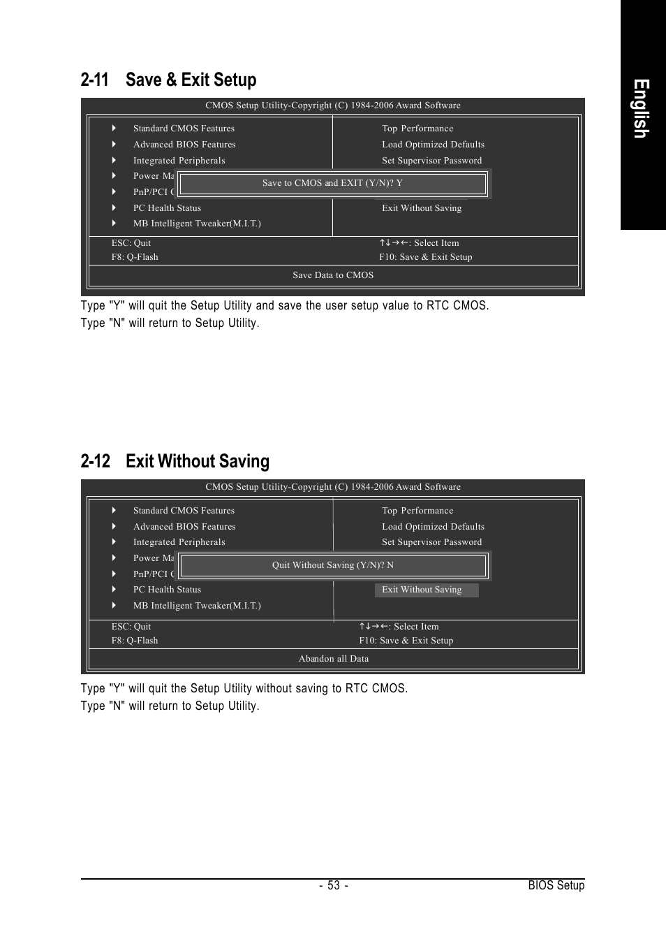 English, 11 save & exit setup, 12 exit without saving | GIGABYTE AMD Socket AM2 Processor Motherboard GA-M55SLI-S4 User Manual | Page 53 / 96