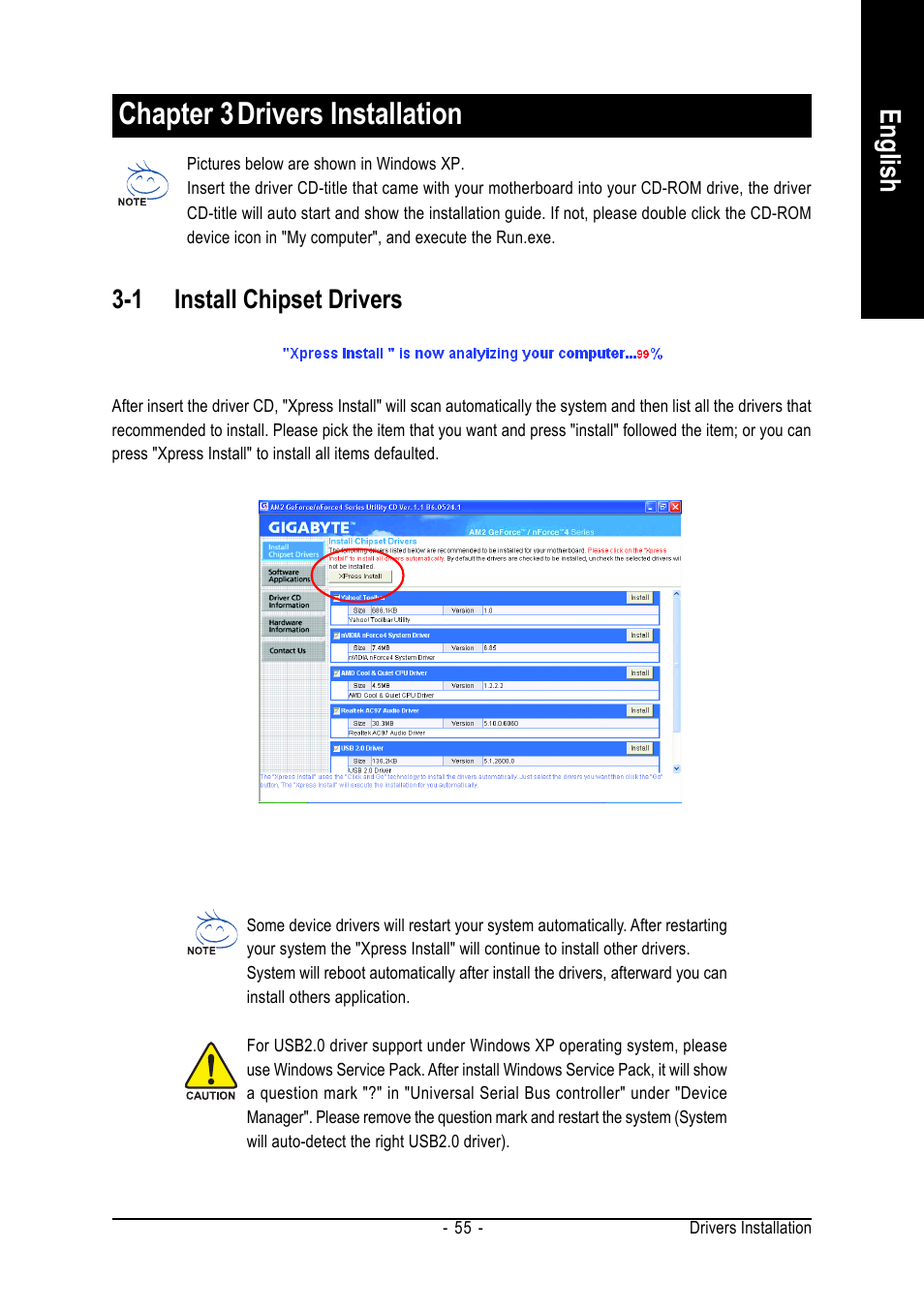 Chapter 3drivers installation, English, 1 install chipset drivers | GIGABYTE AMD Socket AM2 Processor Motherboard GA-M55SLI-S4 User Manual | Page 55 / 96