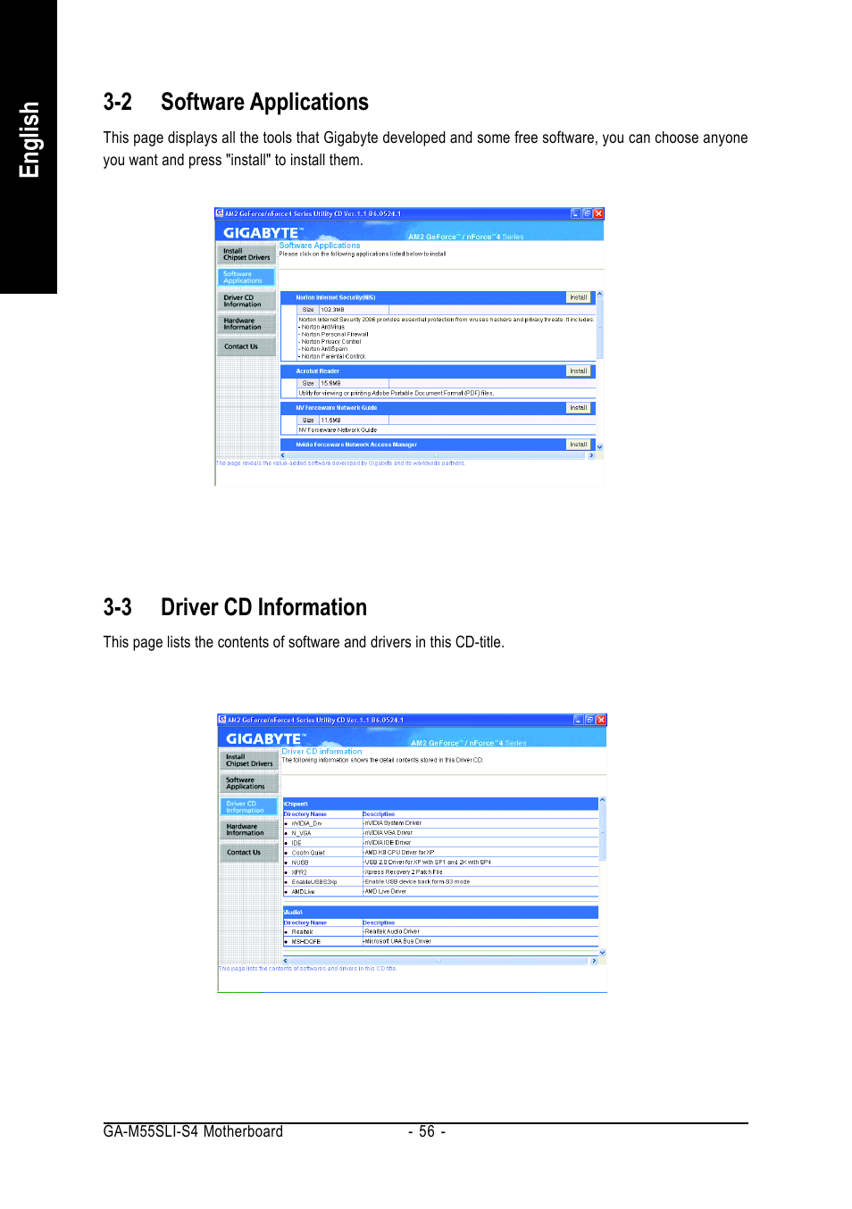 English, 2 software applications, 3 driver cd information | GIGABYTE AMD Socket AM2 Processor Motherboard GA-M55SLI-S4 User Manual | Page 56 / 96