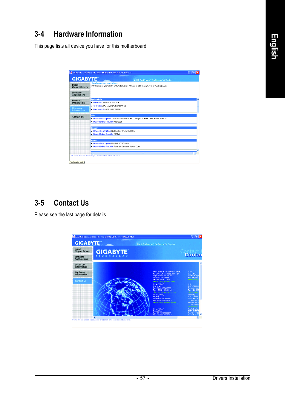 English, 4 hardware information, 5 contact us | GIGABYTE AMD Socket AM2 Processor Motherboard GA-M55SLI-S4 User Manual | Page 57 / 96