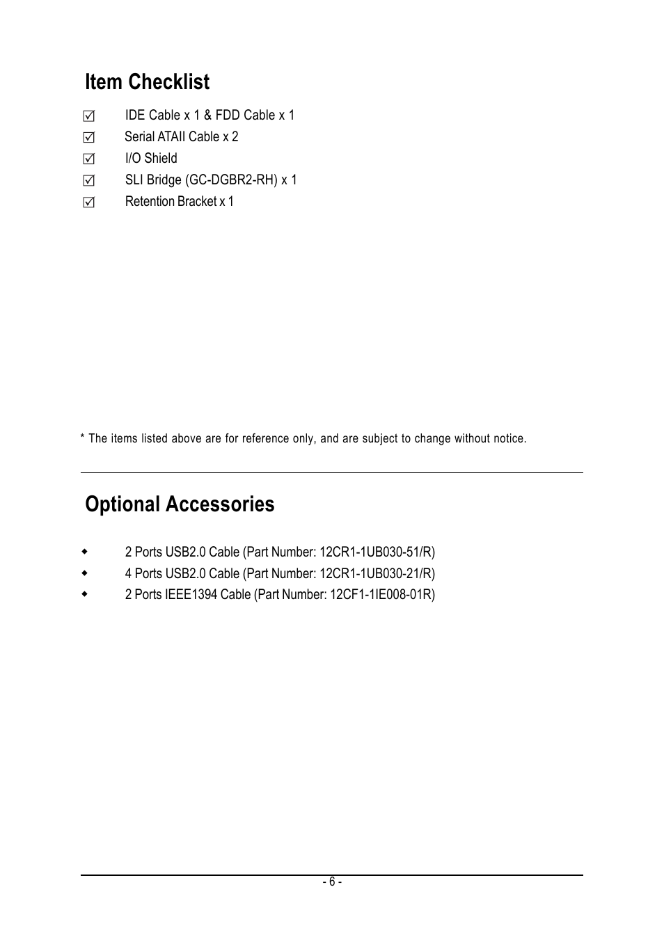 Item checklist, Optional accessories | GIGABYTE AMD Socket AM2 Processor Motherboard GA-M55SLI-S4 User Manual | Page 6 / 96