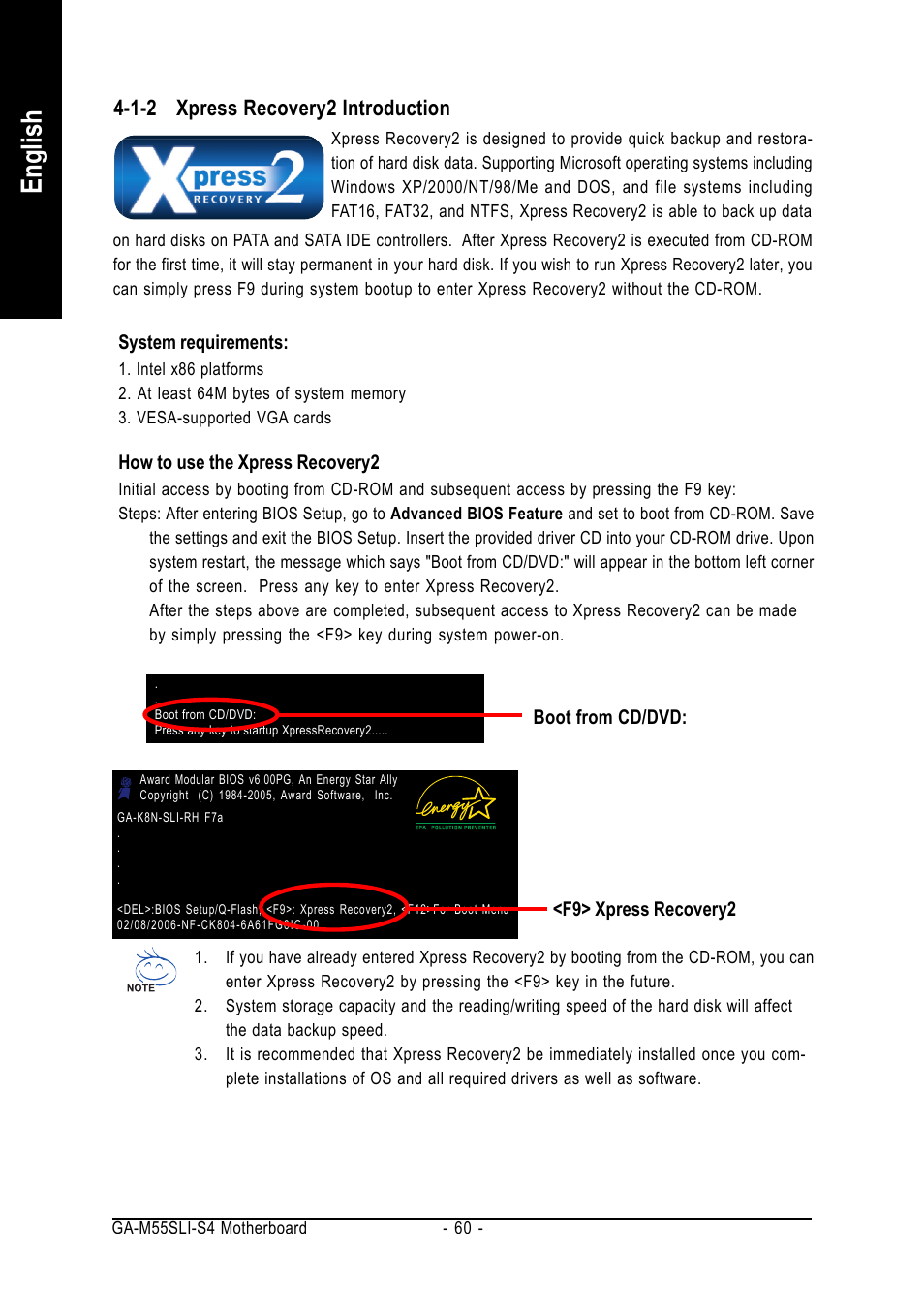 English, 1-2 xpress recovery2 introduction | GIGABYTE AMD Socket AM2 Processor Motherboard GA-M55SLI-S4 User Manual | Page 60 / 96