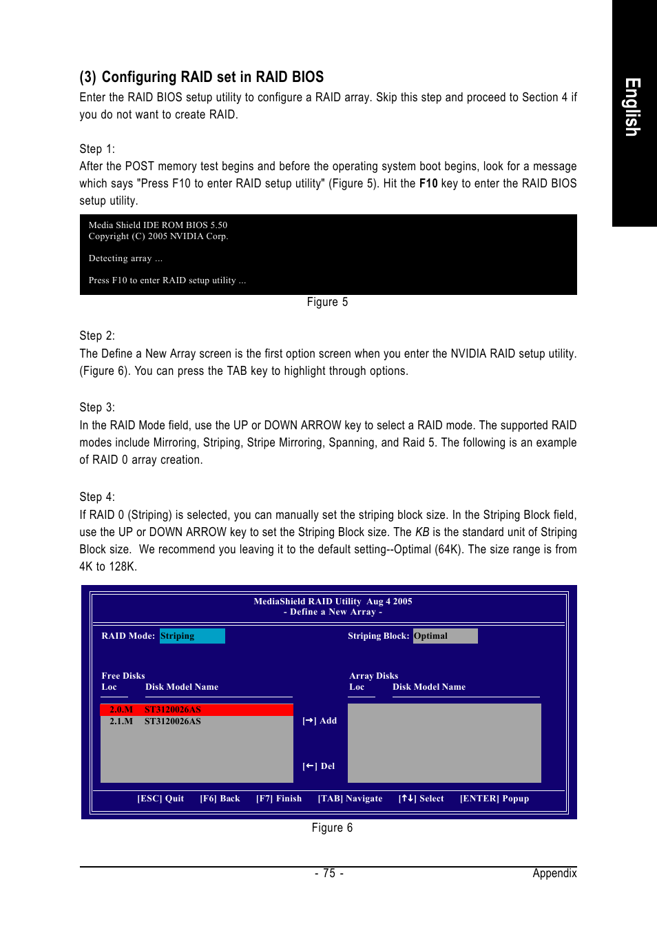 English, 3) configuring raid set in raid bios | GIGABYTE AMD Socket AM2 Processor Motherboard GA-M55SLI-S4 User Manual | Page 75 / 96