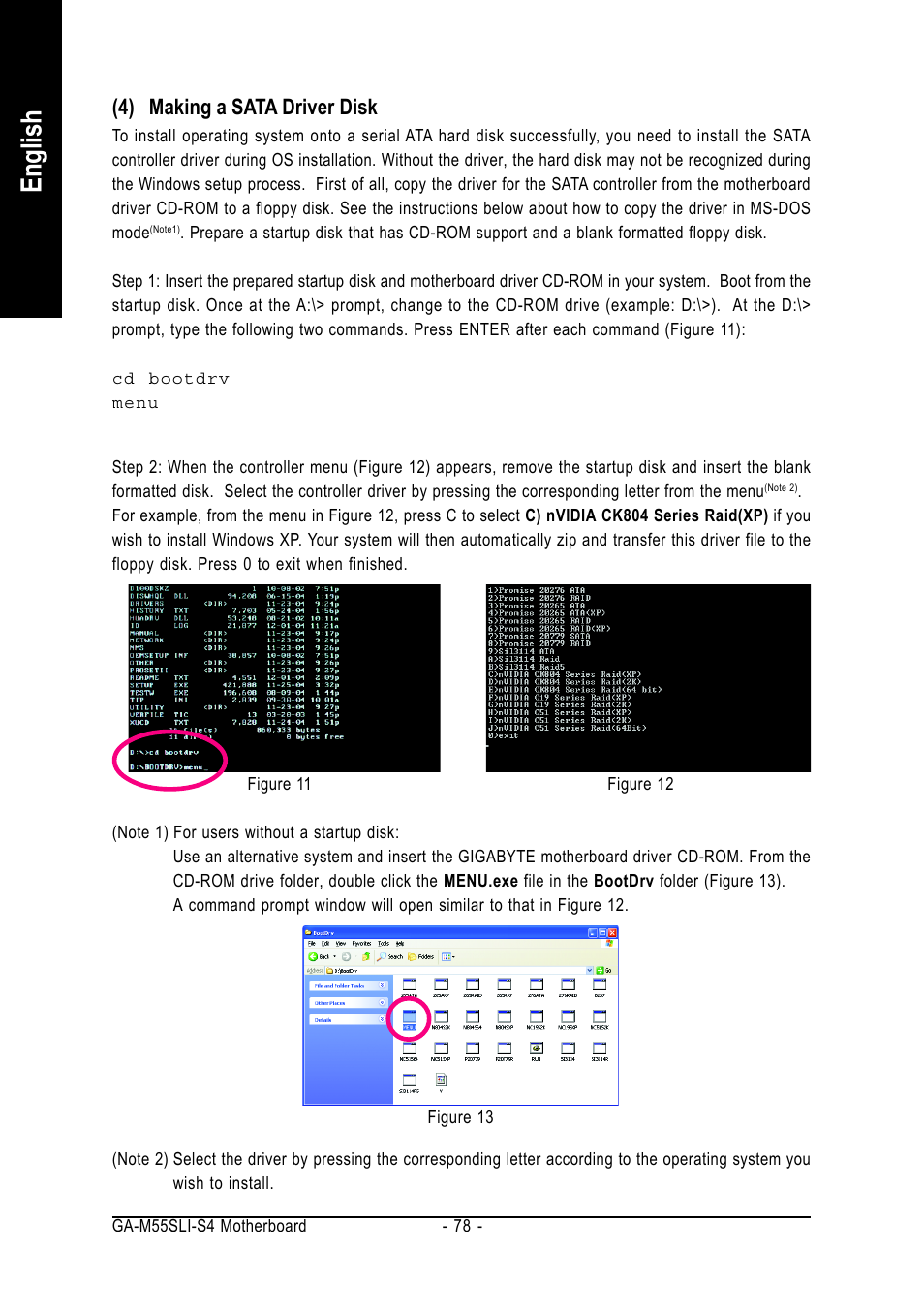 English, 4) making a sata driver disk | GIGABYTE AMD Socket AM2 Processor Motherboard GA-M55SLI-S4 User Manual | Page 78 / 96