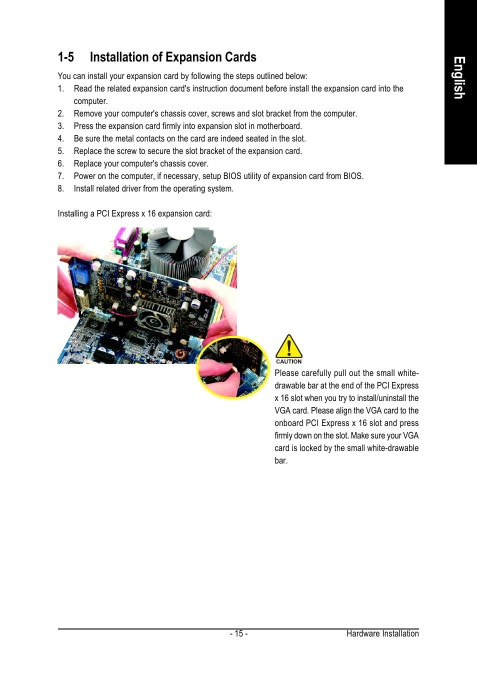 English, 5 installation of expansion cards | GIGABYTE AMD Socket 754 Processor Motherboard GA-K8NE User Manual | Page 15 / 80