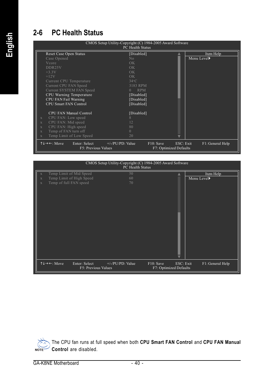 English, 6 pc health status, Ga-k8ne motherboard - 40 | GIGABYTE AMD Socket 754 Processor Motherboard GA-K8NE User Manual | Page 40 / 80