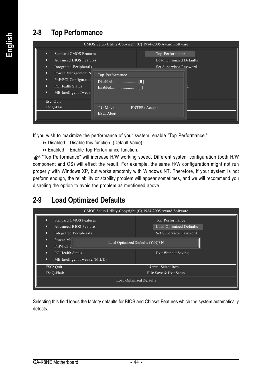 English, 8 top performance, 9 load optimized defaults | GIGABYTE AMD Socket 754 Processor Motherboard GA-K8NE User Manual | Page 44 / 80