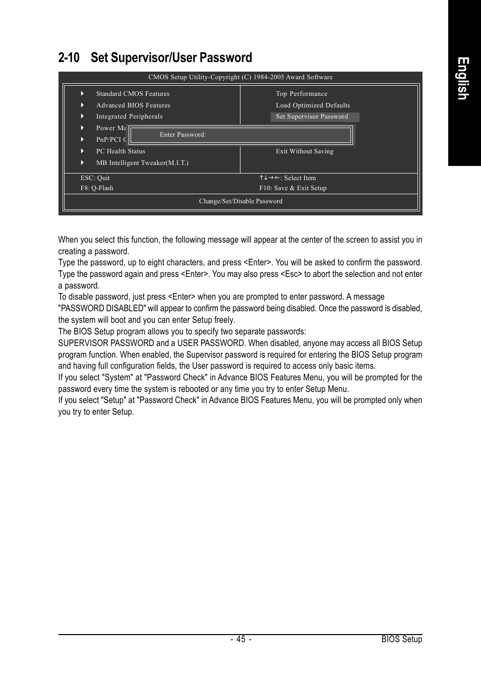 English, 10 set supervisor/user password, Bios setup - 45 | GIGABYTE AMD Socket 754 Processor Motherboard GA-K8NE User Manual | Page 45 / 80