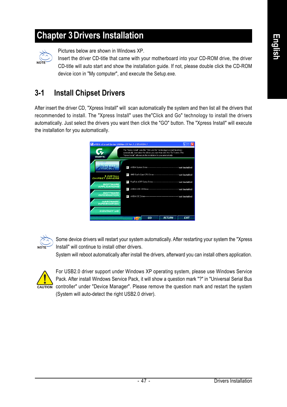 Chapter 3drivers installation, English, 1 install chipset drivers | GIGABYTE AMD Socket 754 Processor Motherboard GA-K8NE User Manual | Page 47 / 80