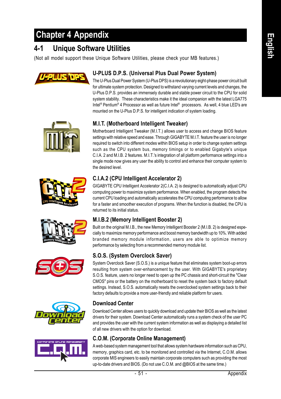 Chapter 4 appendix, English, 1 unique software utilities | GIGABYTE AMD Socket 754 Processor Motherboard GA-K8NE User Manual | Page 51 / 80
