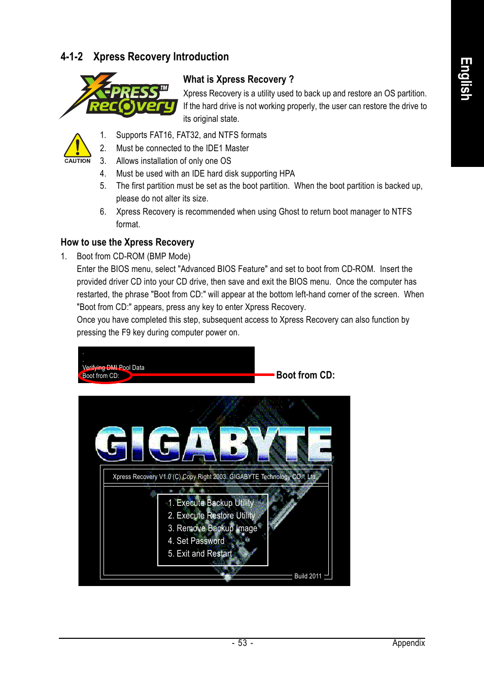 English, 1-2 xpress recovery introduction | GIGABYTE AMD Socket 754 Processor Motherboard GA-K8NE User Manual | Page 53 / 80