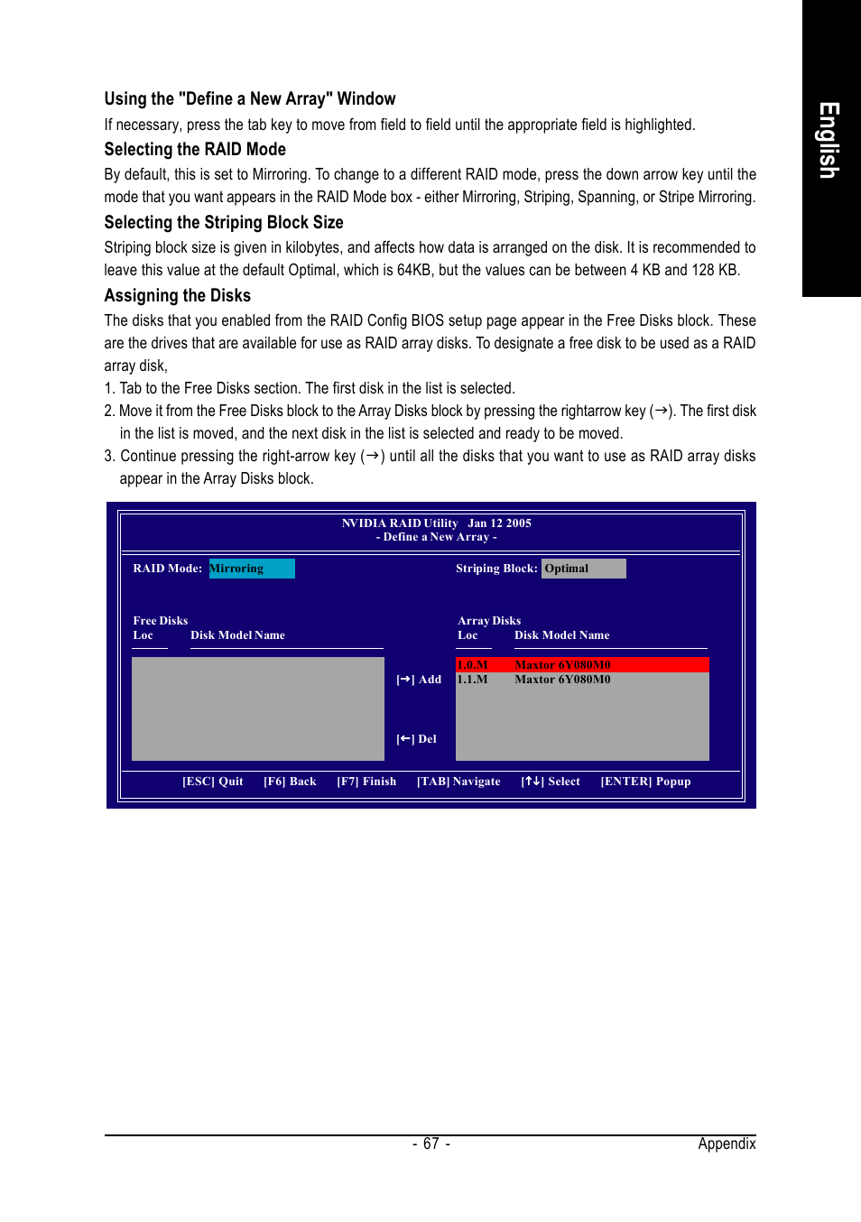 English, Using the "define a new array" window, Selecting the raid mode | Selecting the striping block size, Assigning the disks | GIGABYTE AMD Socket 754 Processor Motherboard GA-K8NE User Manual | Page 67 / 80