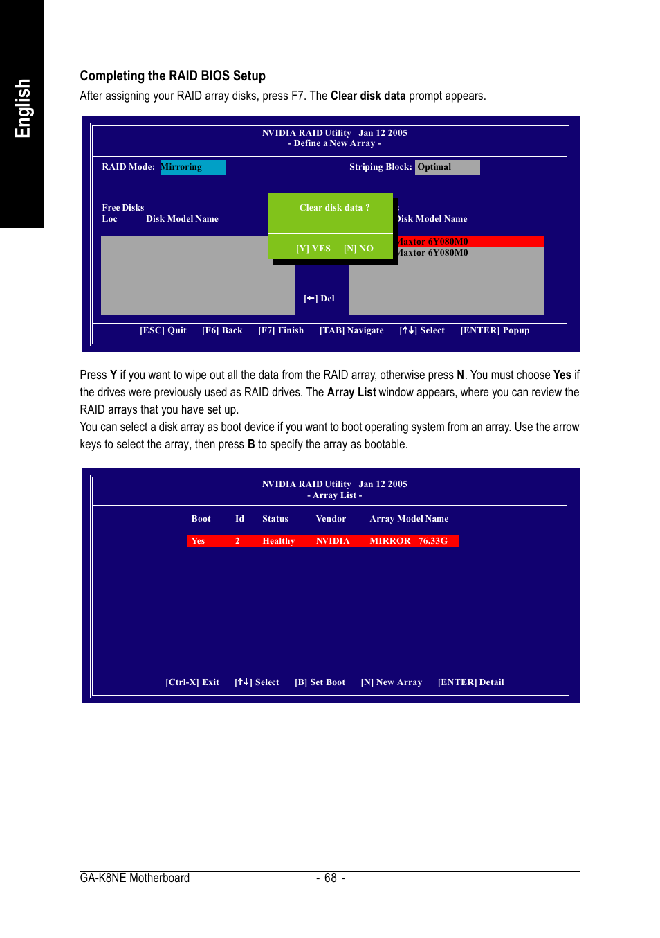 English, Completing the raid bios setup, Ga-k8ne motherboard - 68 | GIGABYTE AMD Socket 754 Processor Motherboard GA-K8NE User Manual | Page 68 / 80