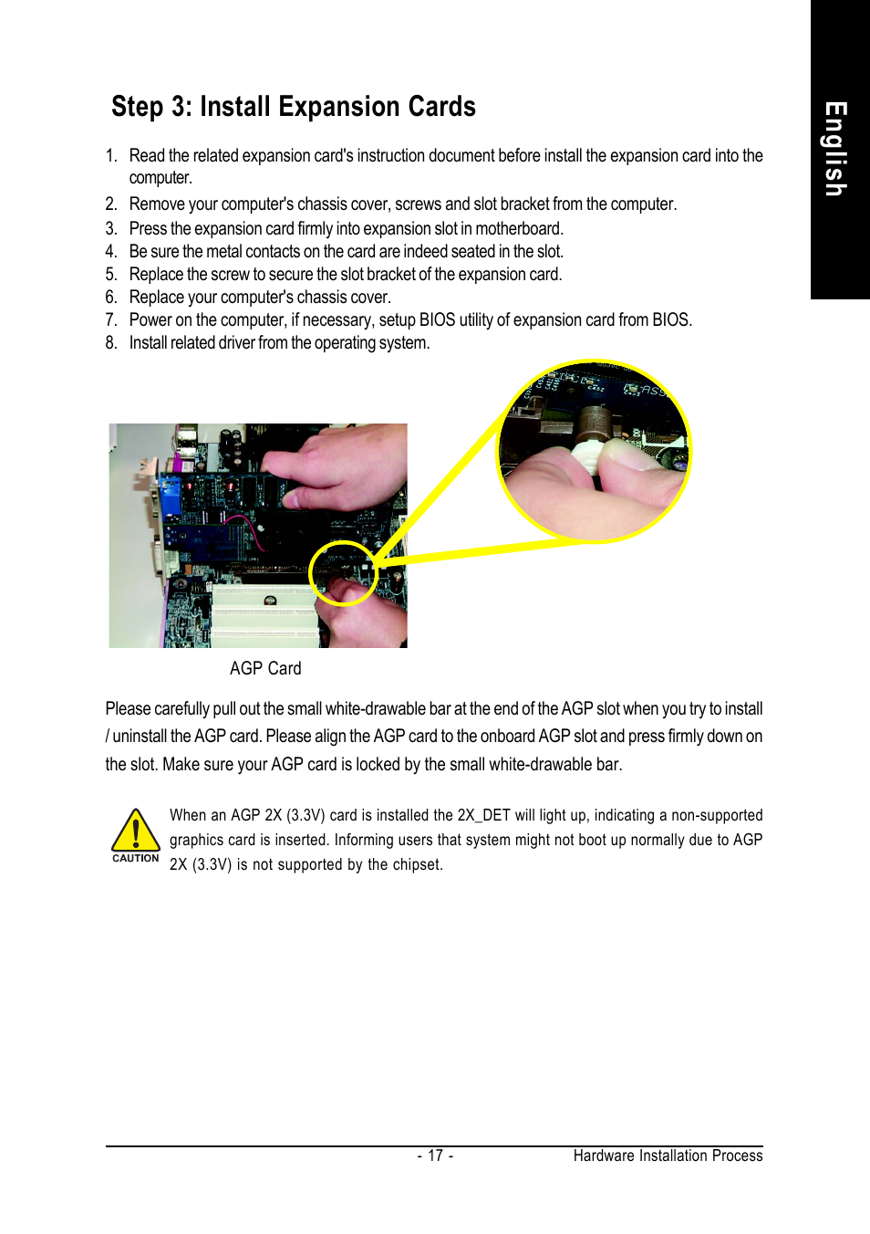 Englis h, Step 3: install expansion cards | GIGABYTE AMD Socket 754 Processor Motherboard GA-K8NS Pro User Manual | Page 17 / 96