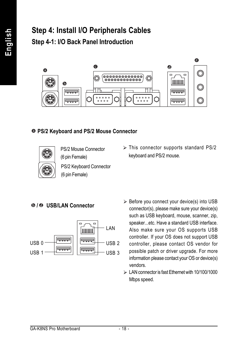 English step 4: install i/o peripherals cables, Step 4-1: i/o back panel introduction | GIGABYTE AMD Socket 754 Processor Motherboard GA-K8NS Pro User Manual | Page 18 / 96