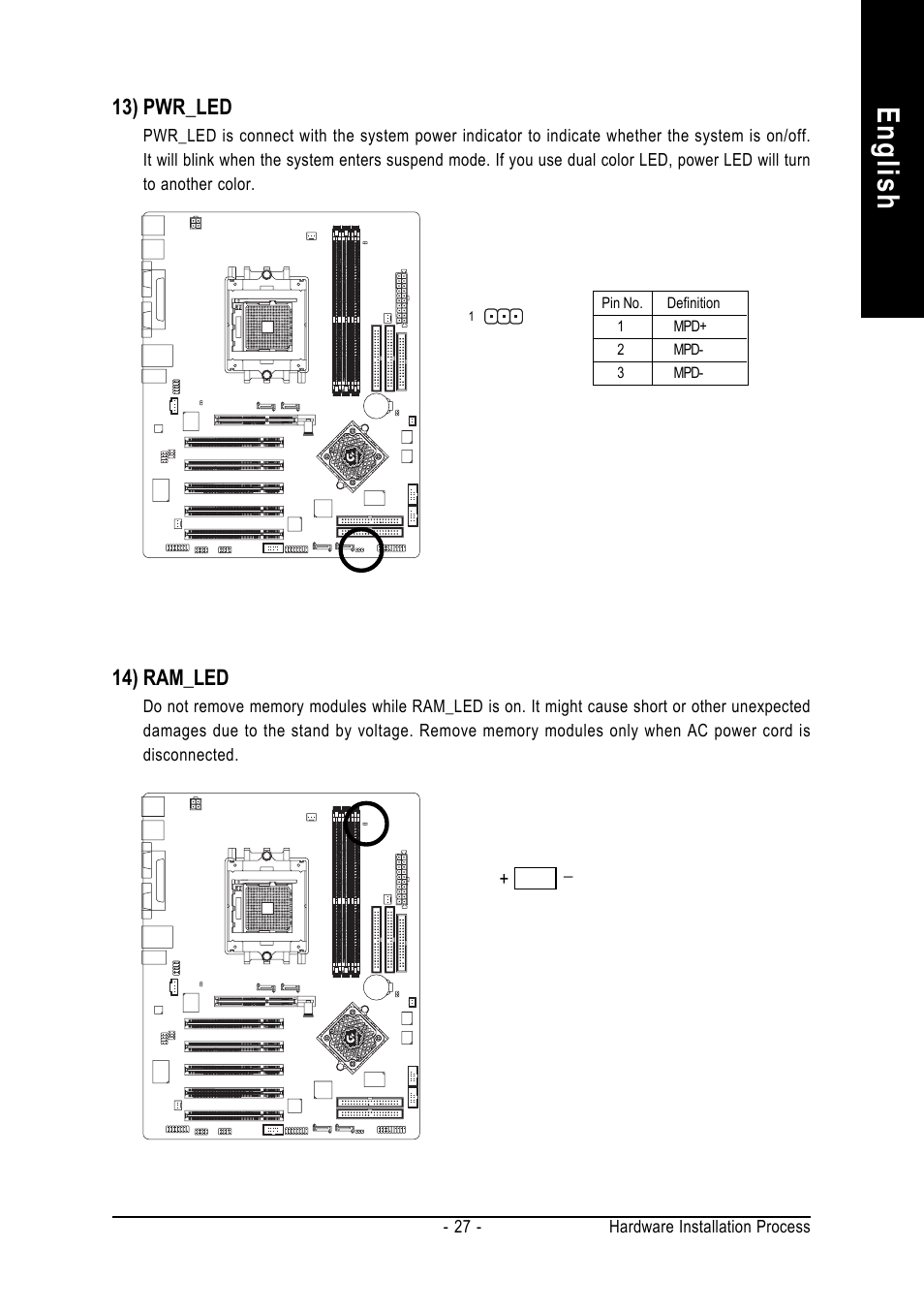 English, 13) pwr_led, 14) ram_led | GIGABYTE AMD Socket 754 Processor Motherboard GA-K8NS Pro User Manual | Page 27 / 96