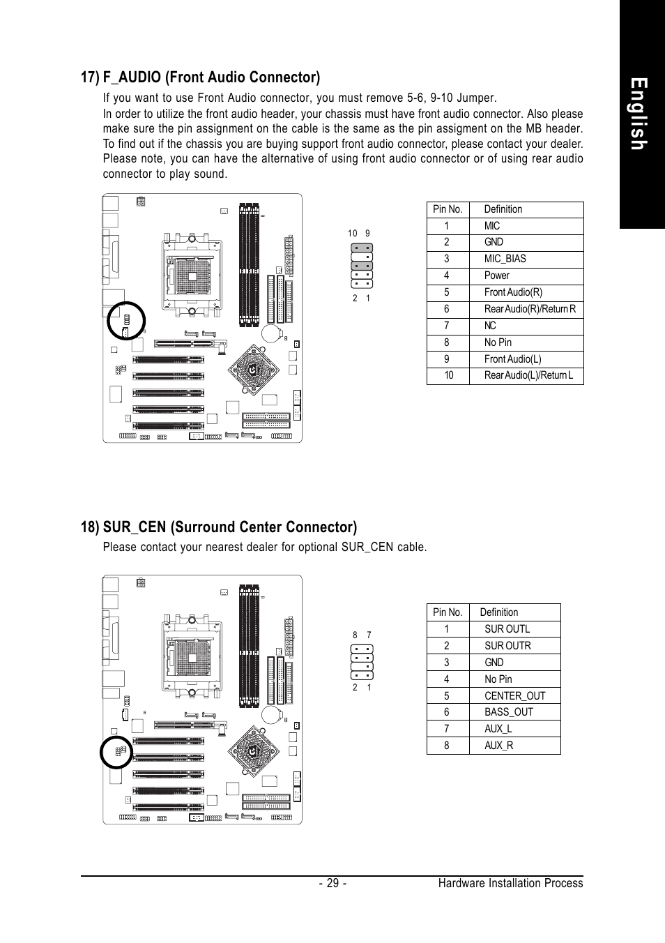 English, 17) f_audio (front audio connector), 18) sur_cen (surround center connector) | GIGABYTE AMD Socket 754 Processor Motherboard GA-K8NS Pro User Manual | Page 29 / 96