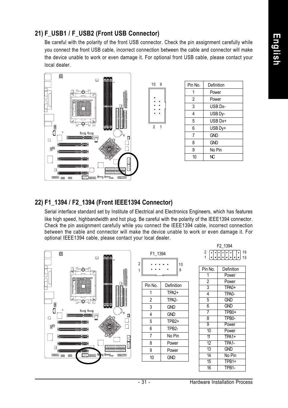 English, 21) f_usb1 / f_usb2 (front usb connector) | GIGABYTE AMD Socket 754 Processor Motherboard GA-K8NS Pro User Manual | Page 31 / 96