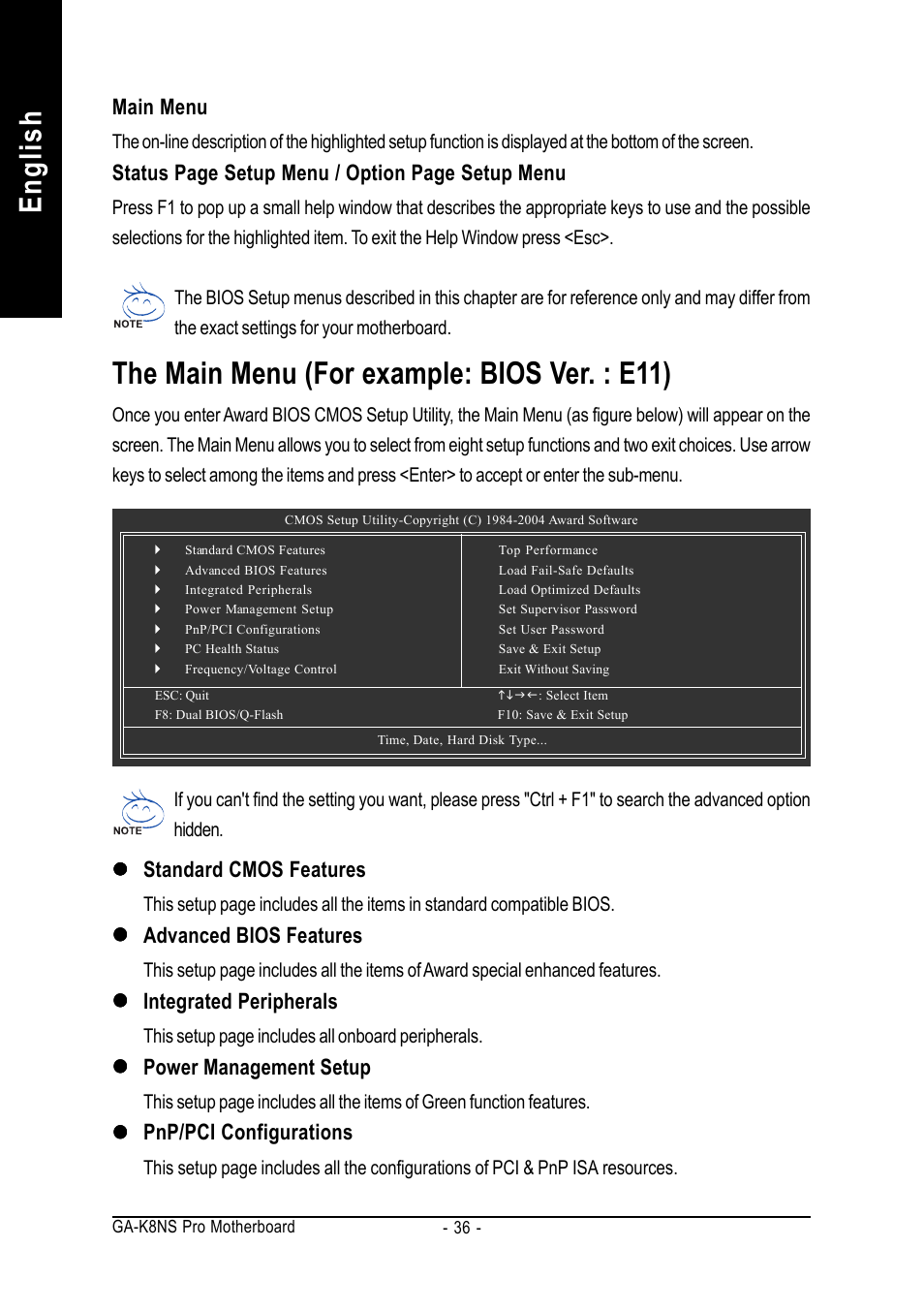 English, The main menu (for example: bios ver. : e11) | GIGABYTE AMD Socket 754 Processor Motherboard GA-K8NS Pro User Manual | Page 36 / 96