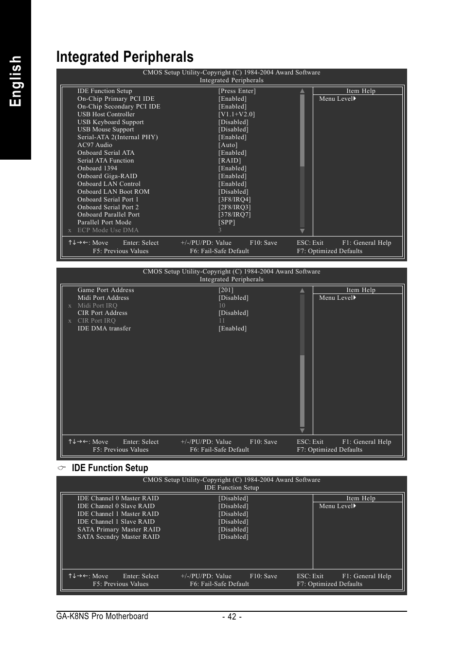 English, Integrated peripherals, Ide function setup | 42 - ga-k8ns pro motherboard | GIGABYTE AMD Socket 754 Processor Motherboard GA-K8NS Pro User Manual | Page 42 / 96