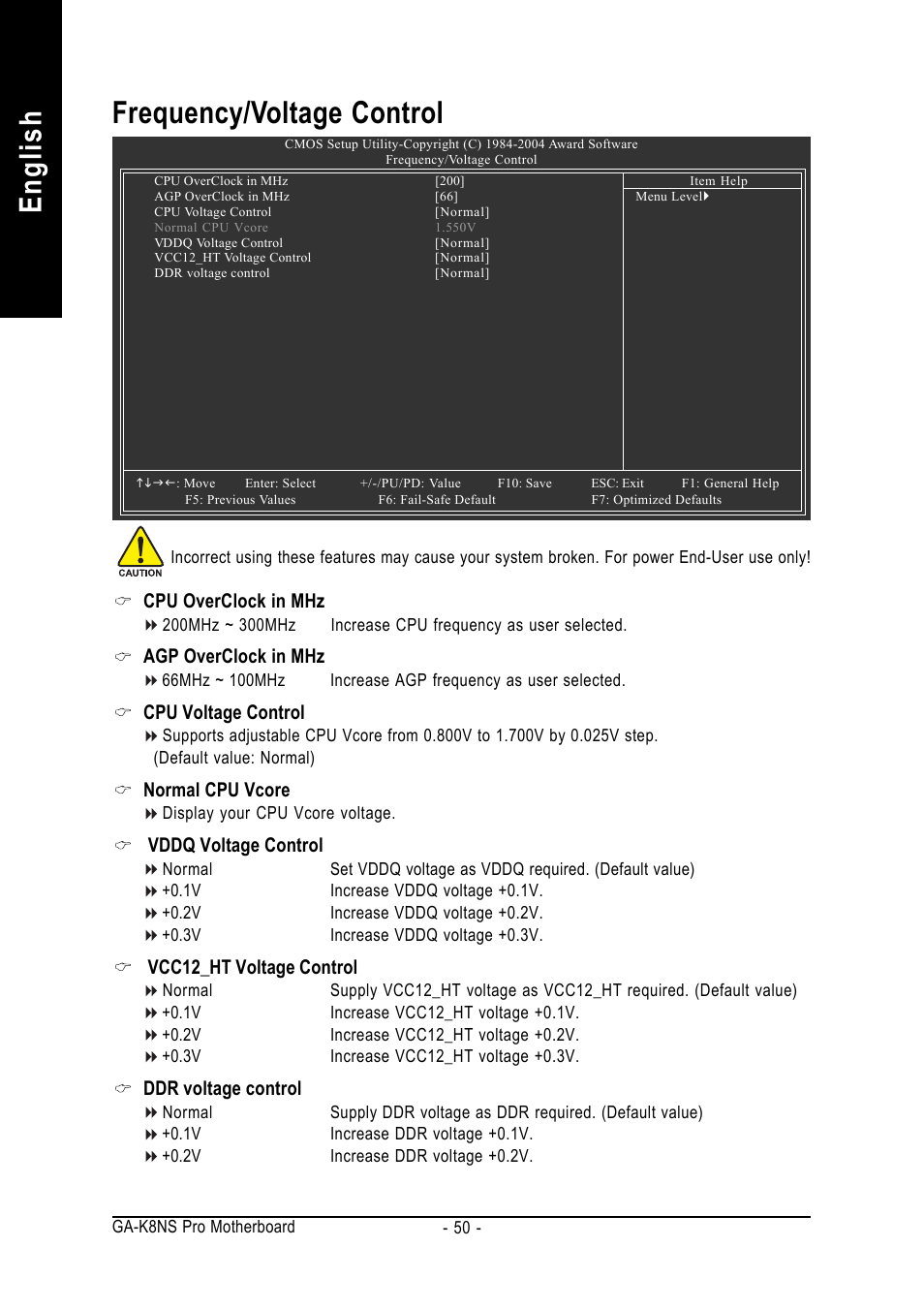 English frequency/voltage control | GIGABYTE AMD Socket 754 Processor Motherboard GA-K8NS Pro User Manual | Page 50 / 96