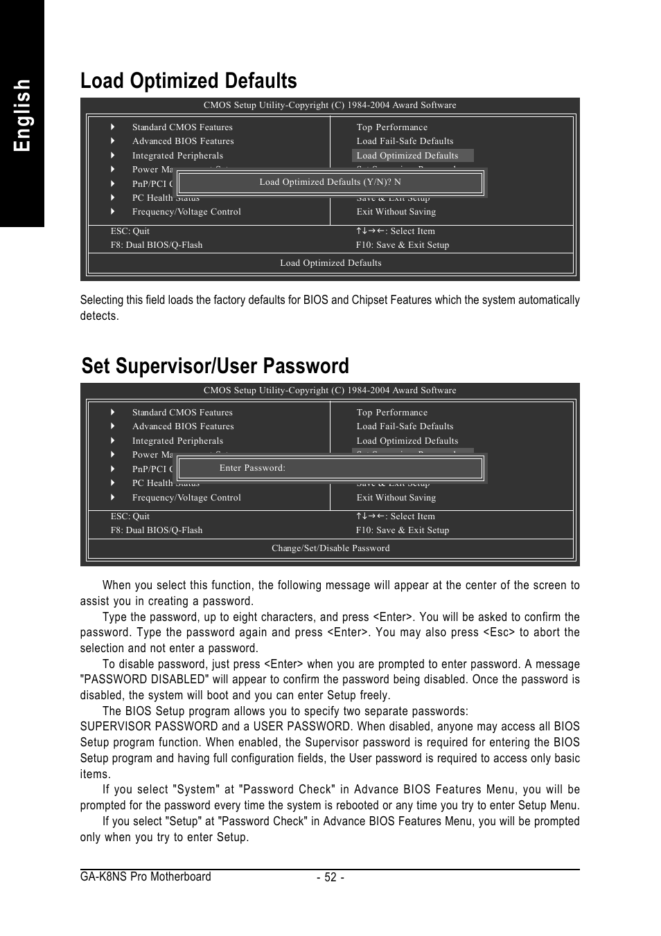 English, Set supervisor/user password, Load optimized defaults | GIGABYTE AMD Socket 754 Processor Motherboard GA-K8NS Pro User Manual | Page 52 / 96