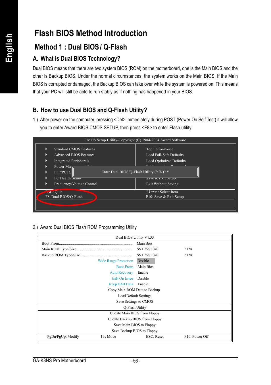 English, Flash bios method introduction, Method 1 : dual bios | Q-flash, A. what is dual bios technology, B. how to use dual bios and q-flash utility | GIGABYTE AMD Socket 754 Processor Motherboard GA-K8NS Pro User Manual | Page 56 / 96