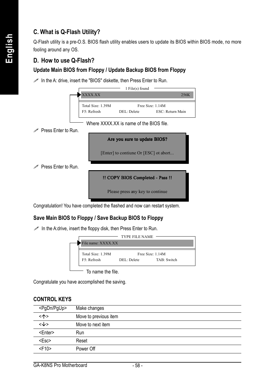 English, D. how to use q-flash, C. what is q-flash utility | Control keys | GIGABYTE AMD Socket 754 Processor Motherboard GA-K8NS Pro User Manual | Page 58 / 96