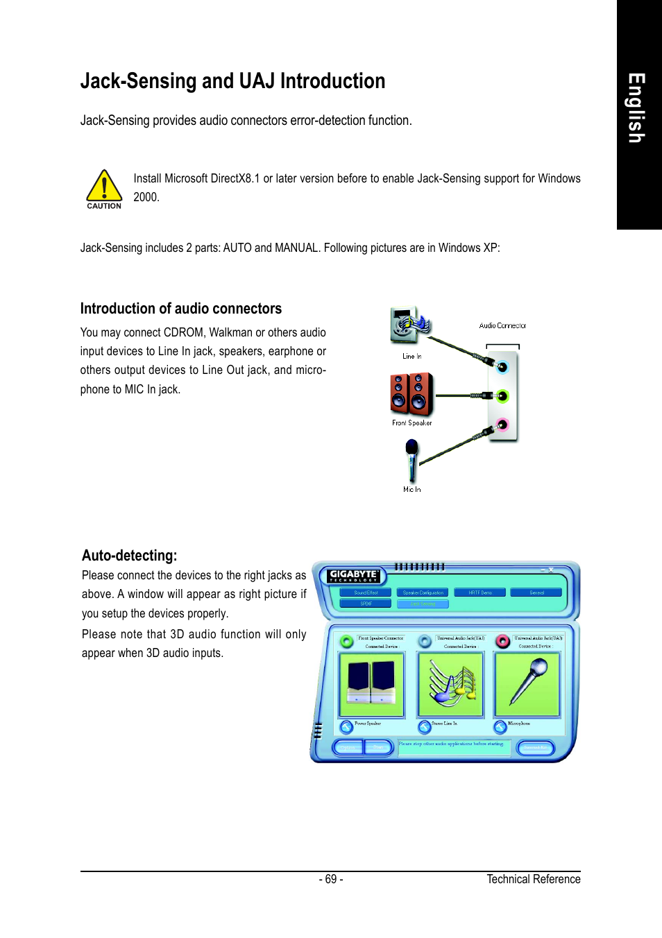 English jack-sensing and uaj introduction | GIGABYTE AMD Socket 754 Processor Motherboard GA-K8NS Pro User Manual | Page 69 / 96