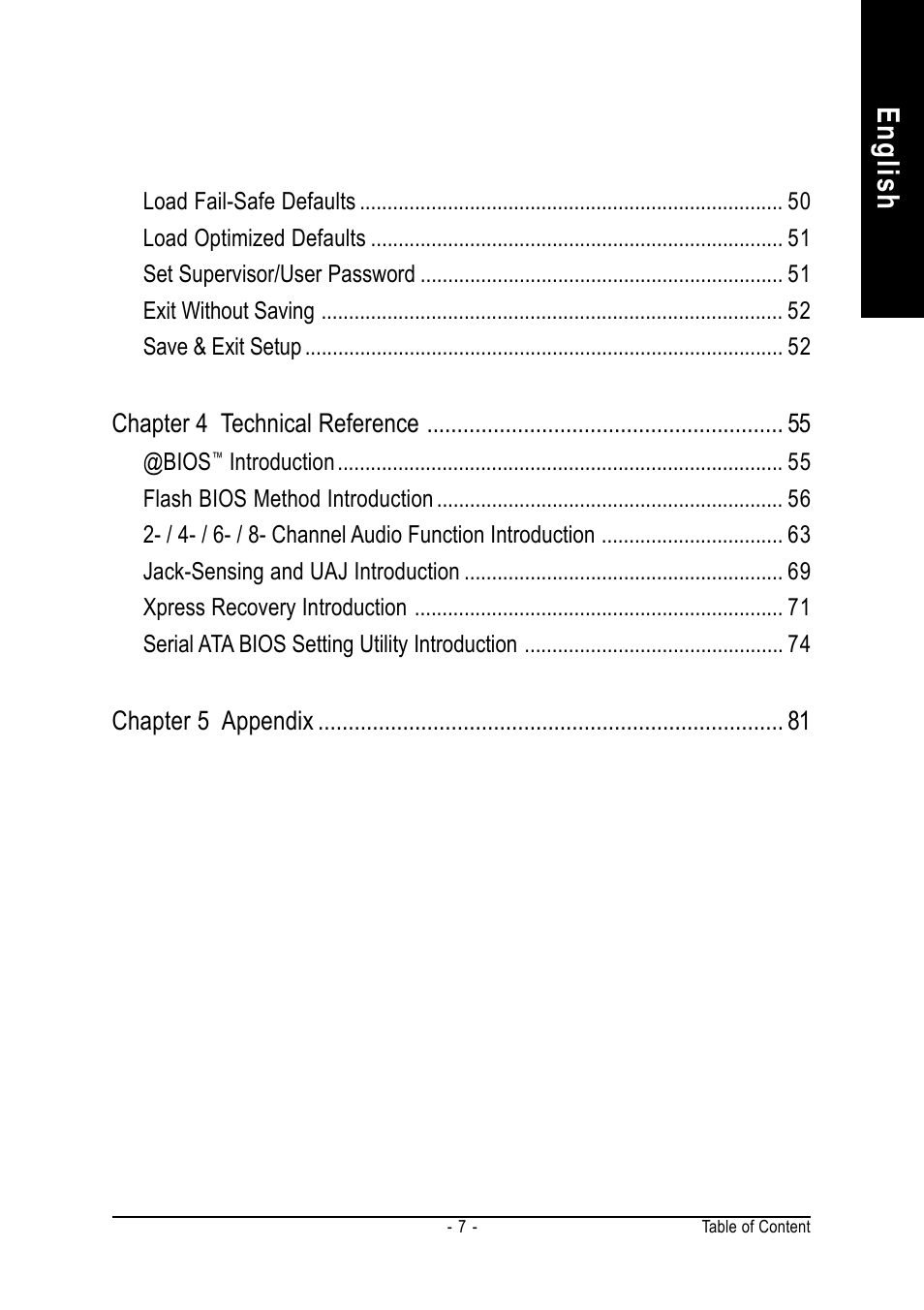 English, Chapter 4 technical reference, Chapter 5 appendix | GIGABYTE AMD Socket 754 Processor Motherboard GA-K8NS Pro User Manual | Page 7 / 96