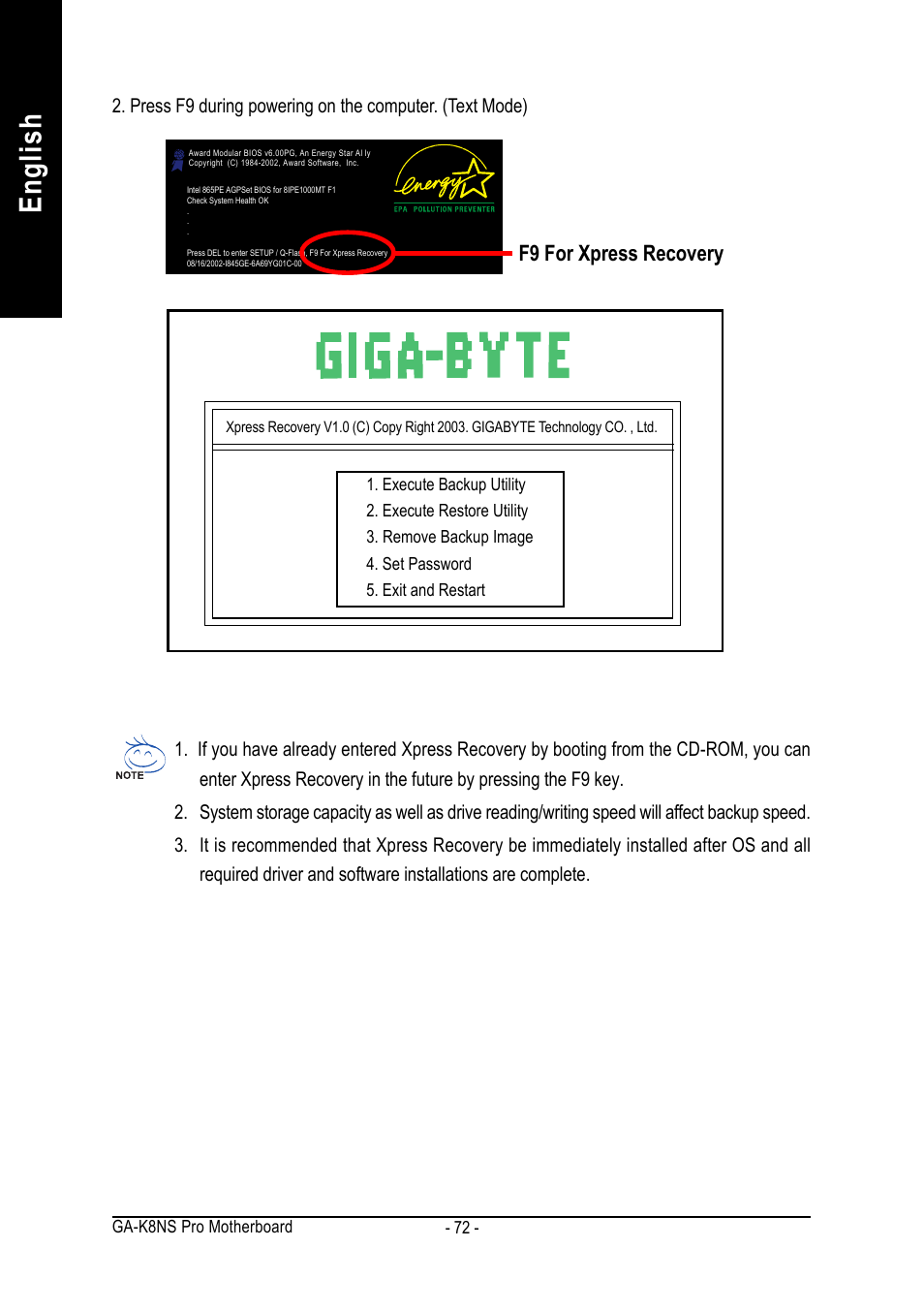 English, F9 for xpress recovery | GIGABYTE AMD Socket 754 Processor Motherboard GA-K8NS Pro User Manual | Page 72 / 96