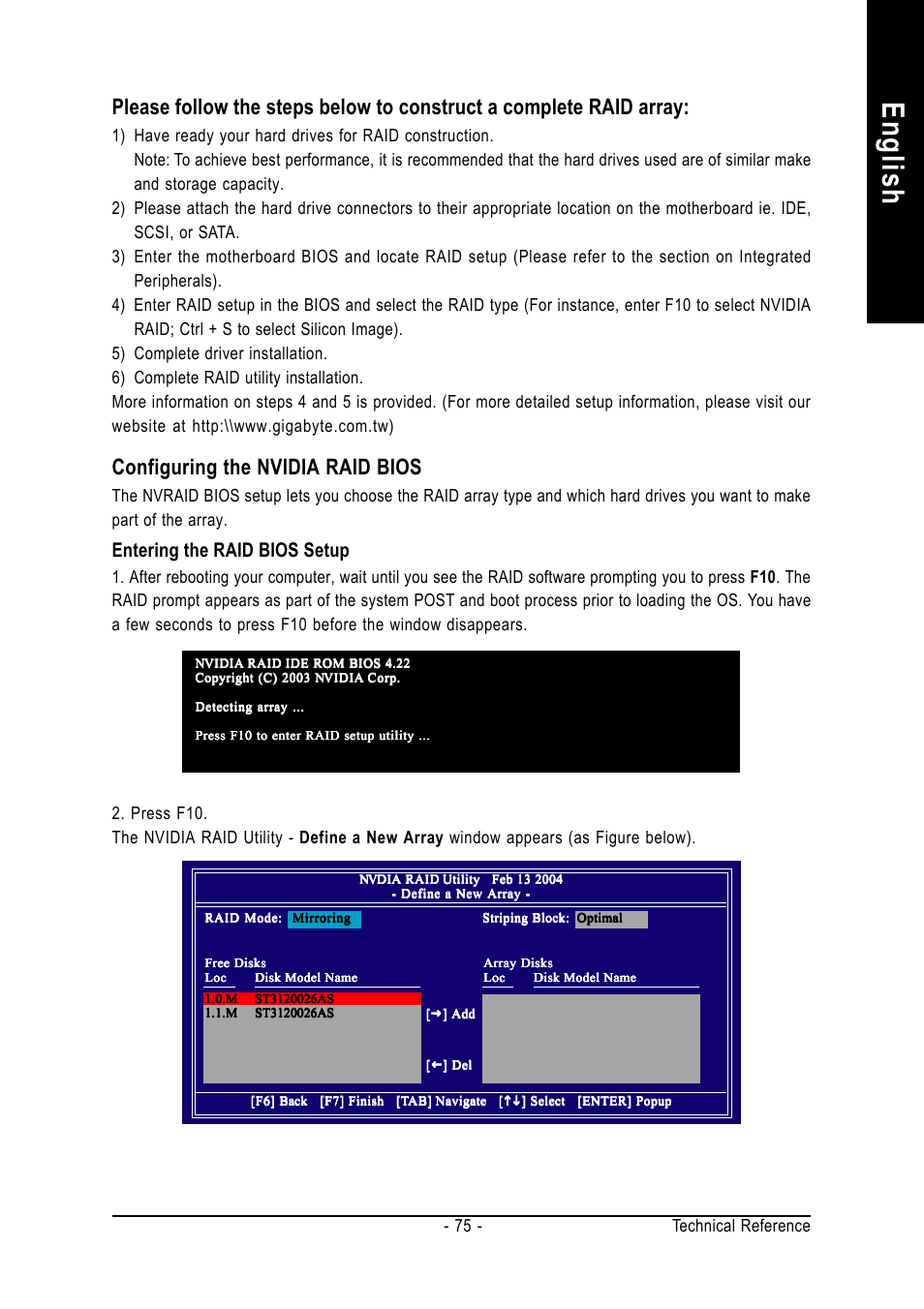 English, Configuring the nvidia raid bios, Entering the raid bios setup | Technical reference - 75 | GIGABYTE AMD Socket 754 Processor Motherboard GA-K8NS Pro User Manual | Page 75 / 96