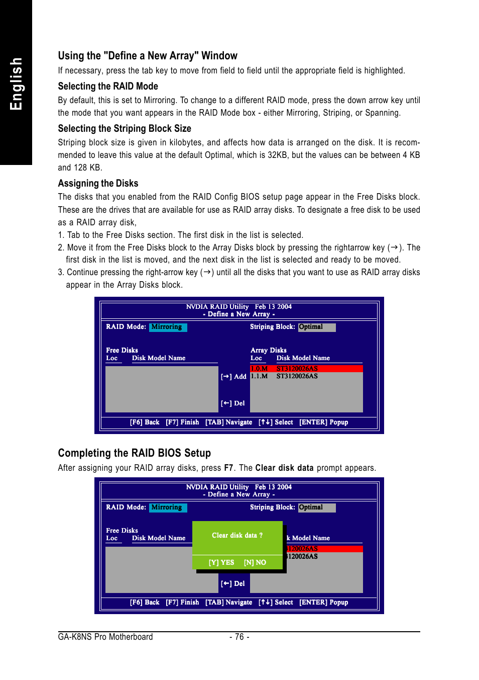 English, Using the "define a new array" window, Completing the raid bios setup | Selecting the raid mode, Selecting the striping block size, Assigning the disks, 76 - ga-k8ns pro motherboard | GIGABYTE AMD Socket 754 Processor Motherboard GA-K8NS Pro User Manual | Page 76 / 96