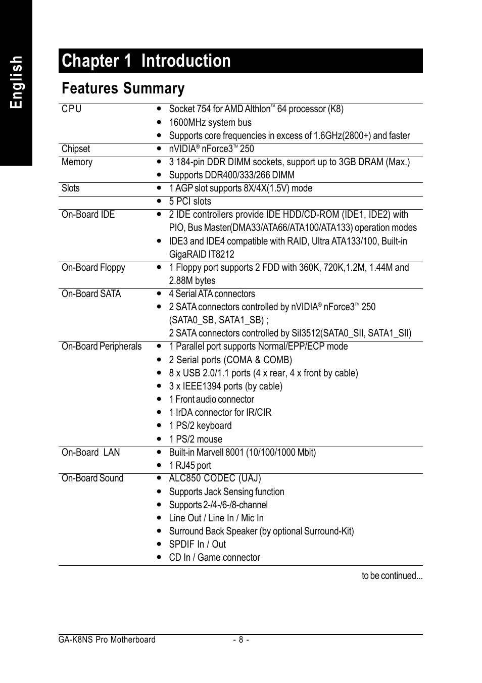 Chapter 1 introduction, English, Features summary | GIGABYTE AMD Socket 754 Processor Motherboard GA-K8NS Pro User Manual | Page 8 / 96