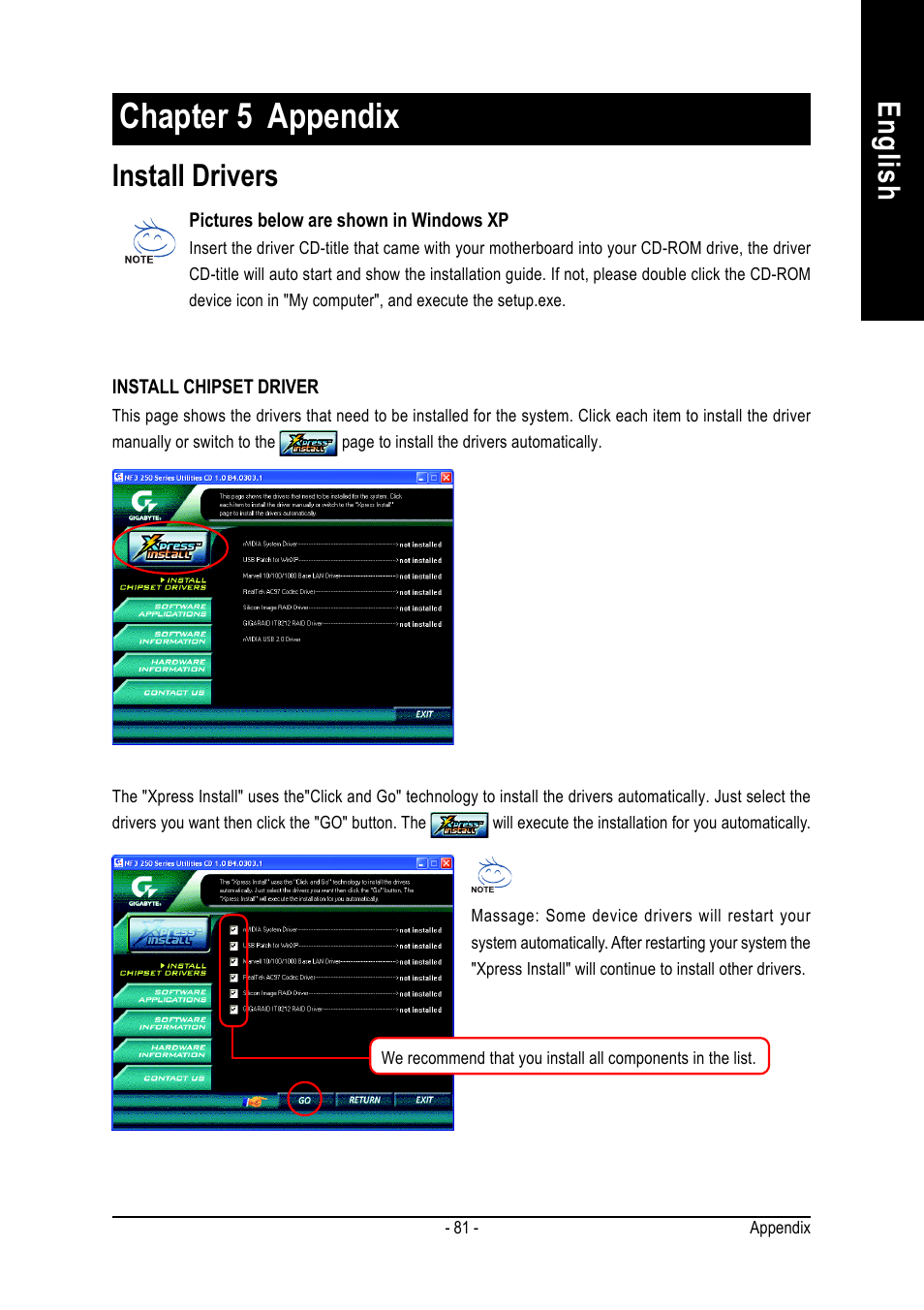 Chapter 5 appendix, English revision history, Install drivers | GIGABYTE AMD Socket 754 Processor Motherboard GA-K8NS Pro User Manual | Page 81 / 96