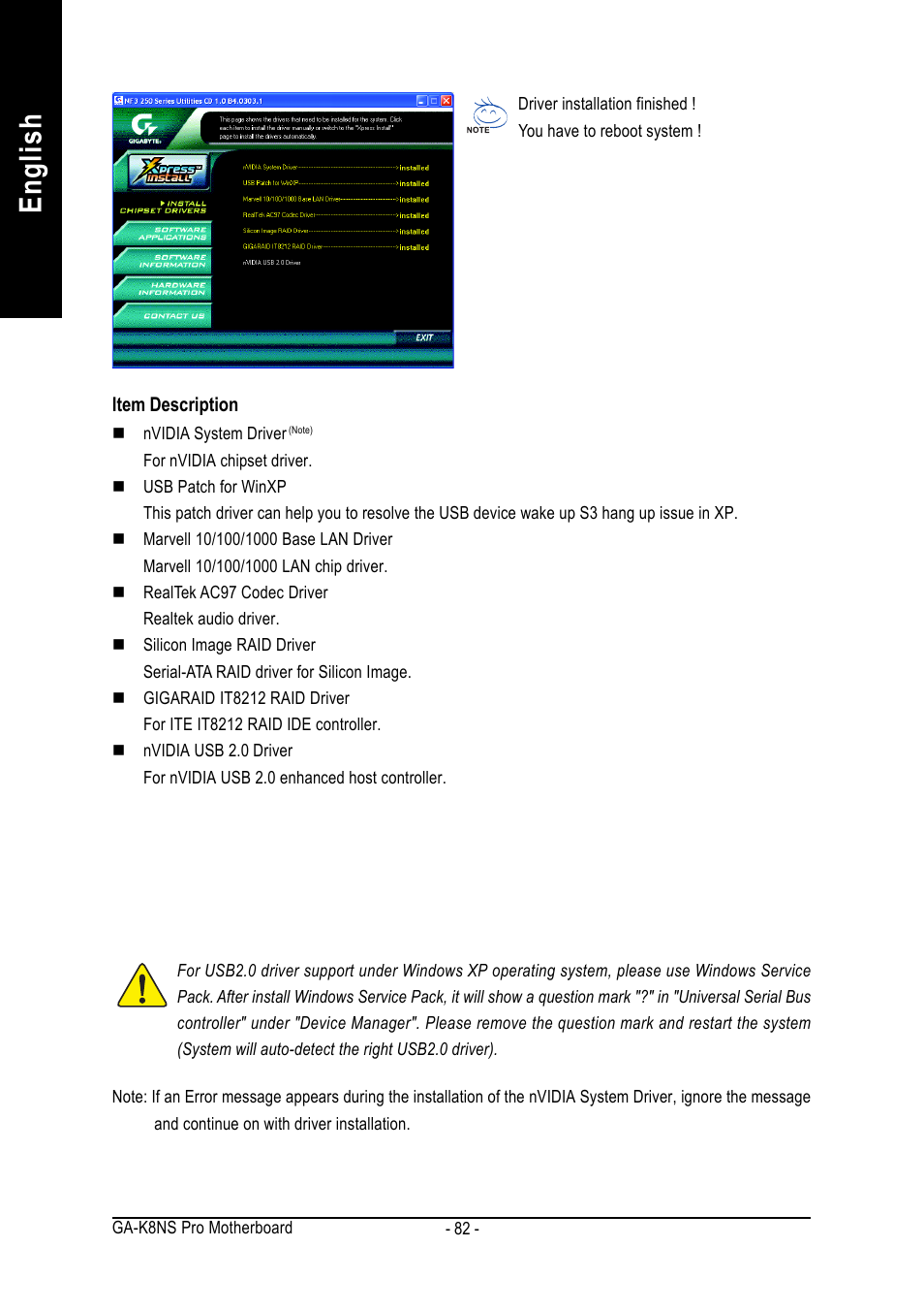 English | GIGABYTE AMD Socket 754 Processor Motherboard GA-K8NS Pro User Manual | Page 82 / 96
