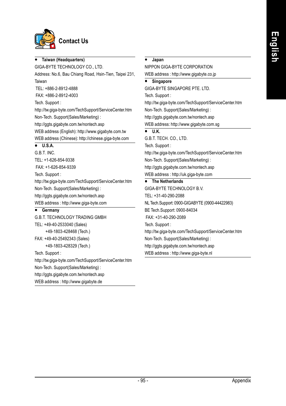 English, Contact us | GIGABYTE AMD Socket 754 Processor Motherboard GA-K8NS Pro User Manual | Page 95 / 96