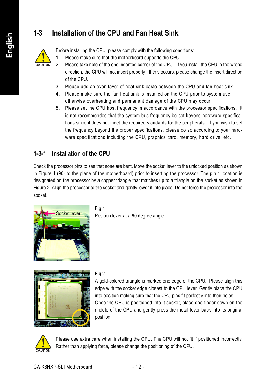 English, 3 installation of the cpu and fan heat sink | GIGABYTE AMD Socket 939 Processor Motherboard GA-K8NXP-SLI User Manual | Page 12 / 88