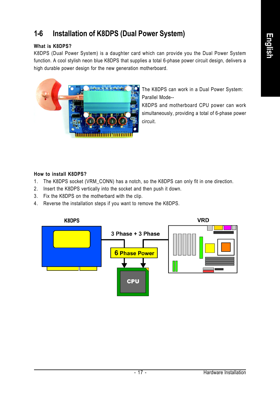 English, 6 installation of k8dps (dual power system) | GIGABYTE AMD Socket 939 Processor Motherboard GA-K8NXP-SLI User Manual | Page 17 / 88