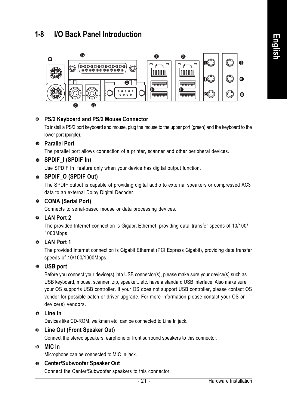 English, 8 i/o back panel introduction | GIGABYTE AMD Socket 939 Processor Motherboard GA-K8NXP-SLI User Manual | Page 21 / 88