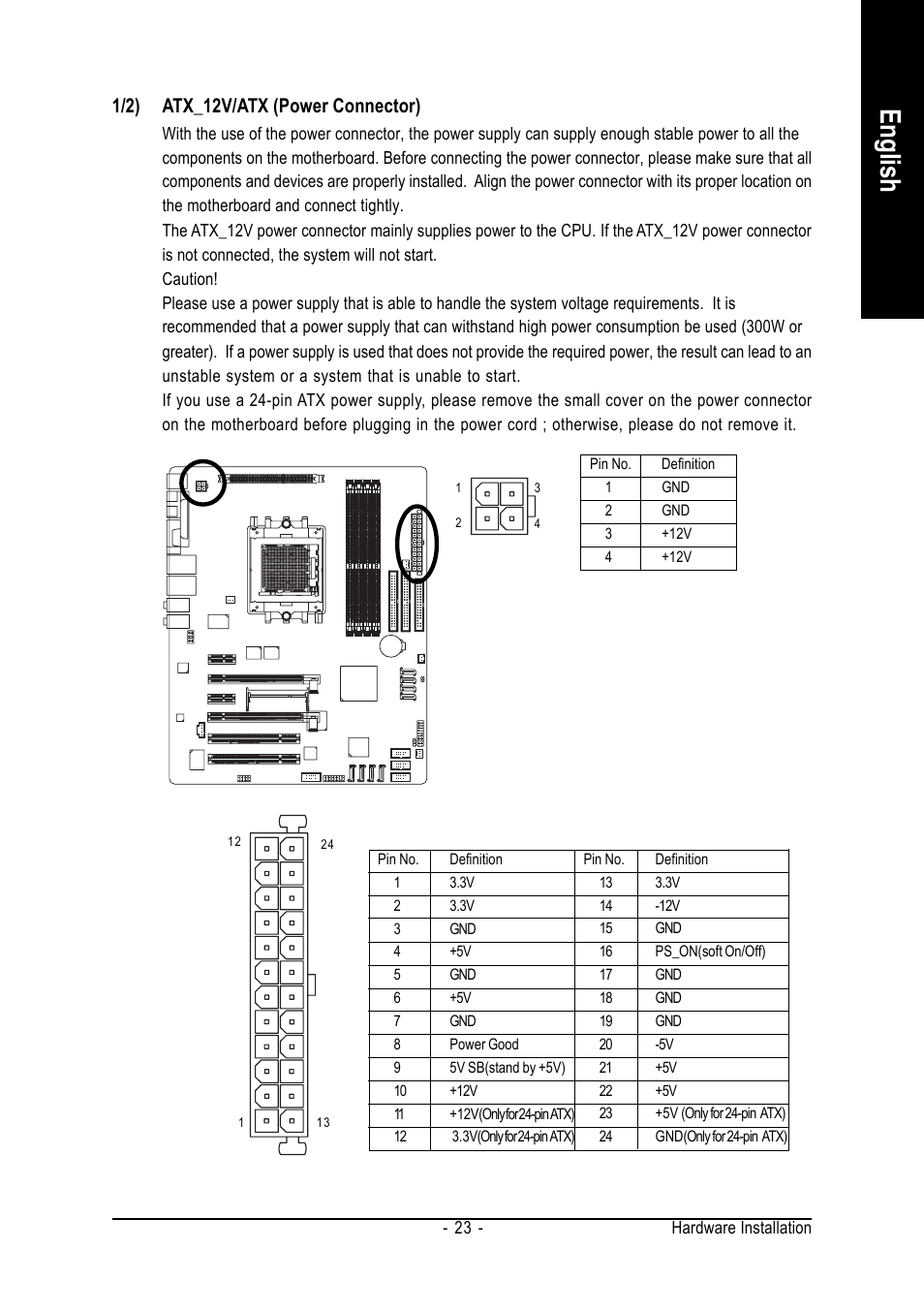 English, 1/2) atx_12v/atx (power connector) | GIGABYTE AMD Socket 939 Processor Motherboard GA-K8NXP-SLI User Manual | Page 23 / 88