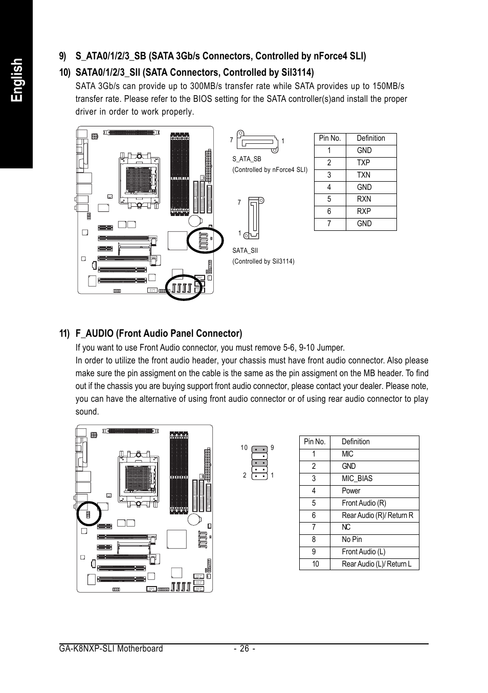 English, 11) f_audio (front audio panel connector) | GIGABYTE AMD Socket 939 Processor Motherboard GA-K8NXP-SLI User Manual | Page 26 / 88