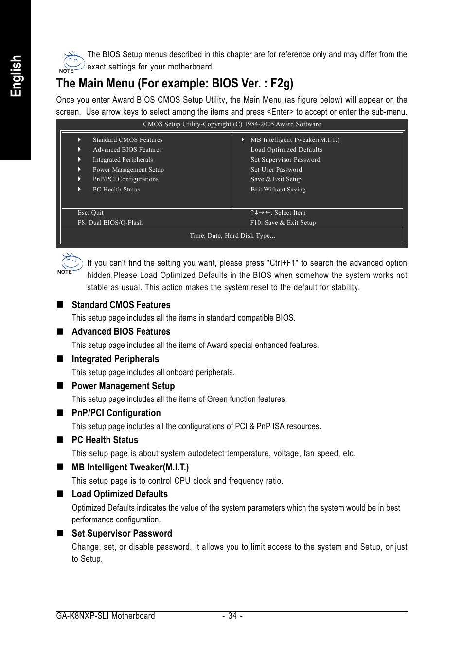 English, The main menu (for example: bios ver. : f2g) | GIGABYTE AMD Socket 939 Processor Motherboard GA-K8NXP-SLI User Manual | Page 34 / 88